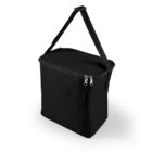 Black insulated lunch bag with a shoulder strap and zipper, featuring a front pocket.