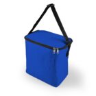 Blue insulated lunch bag with black strap and zippered top.
