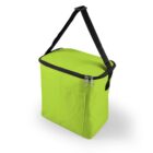 A lime green insulated lunch bag with a front pocket and black straps, shown against a white background.