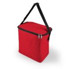 A red insulated cooler bag with a black adjustable strap and a front pocket, shown against a white background.