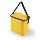 Yellow insulated lunch bag with a black strap and a zippered pocket on a white background.