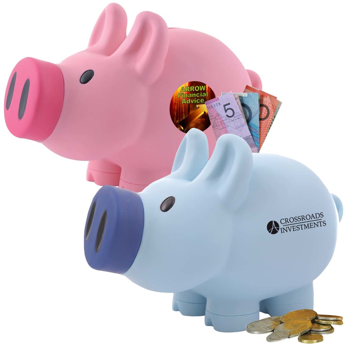 Two piggy banks: pink holding bills, blue with coins. Pink has a Financial Advice label, blue says Crossroads Investments.