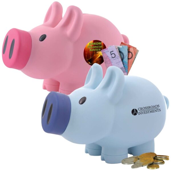 Two piggy banks: one pink with notes stuffed inside, and a blue one with coins nearby. Logos visible on both.