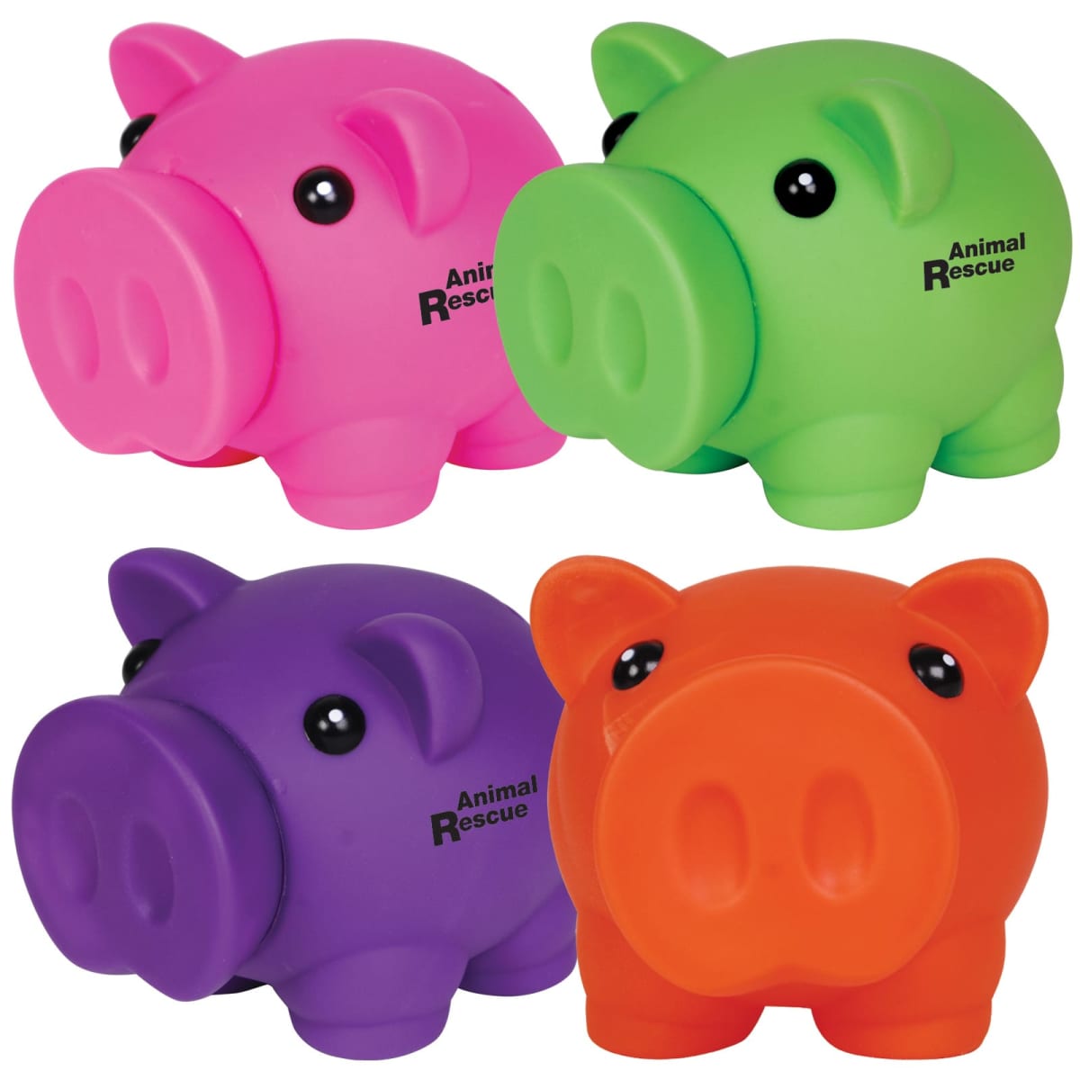 Four colorful pig-shaped stress balls in pink, green, purple, and orange with Animal Rescue text.