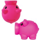 Pink rubber pig toy with big eyes, shown from two angles: front view and side view.