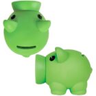 Green piggy bank with a round body and coin slot on top, shown from front and side views.