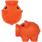 Two views of an orange pig-shaped rubber toy with small eyes and snout, shown from the front and side.