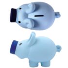 Two blue elephant-shaped piggy banks with coin slots on top, one standing and one upside down.