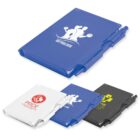 Four notebooks with pens attached, in blue, white, and black, featuring different logos and designs.