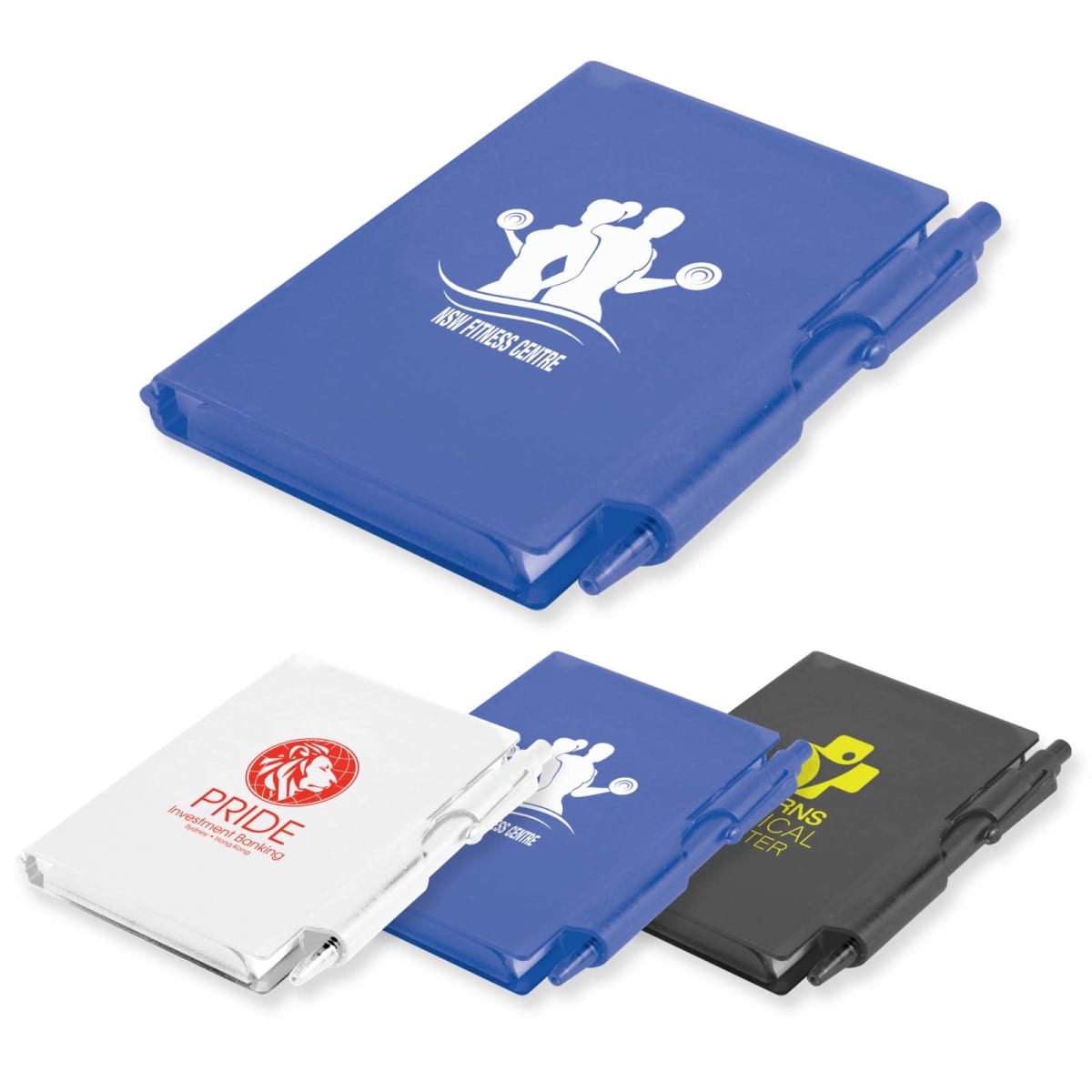 Four notebooks with pens attached, in blue, white, and black, featuring different logos and designs.