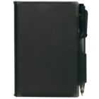 A closed black notebook with a pen attached to its side.