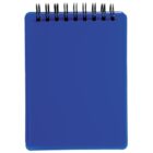 A blue spiral notebook with a plain cover, viewed from the front.