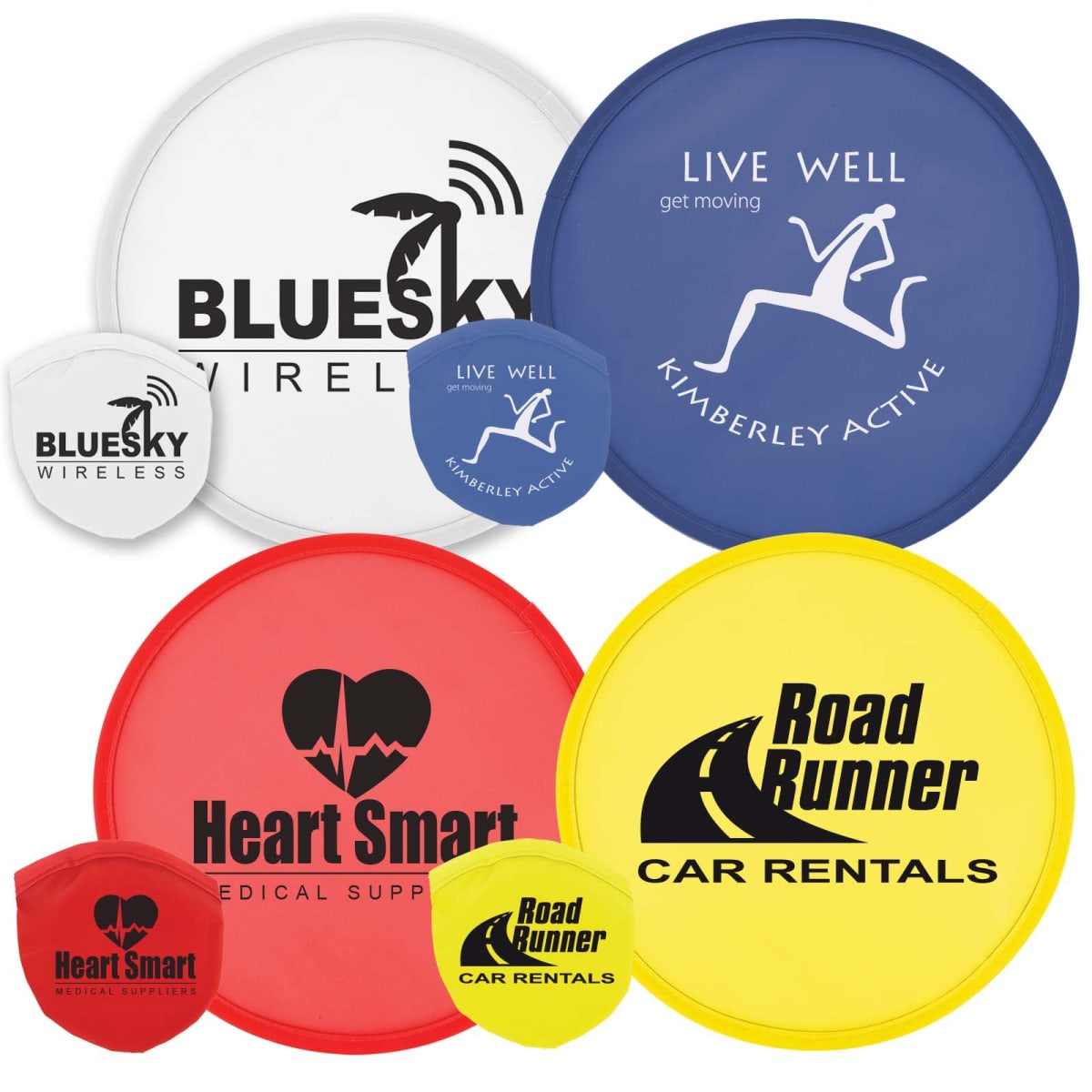 Collection of colorful promotional flying discs with various company logos.