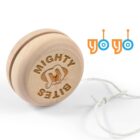Wooden yo-yo with Mighty Bites text and logo, next to stylized yoyo text in blue and orange.