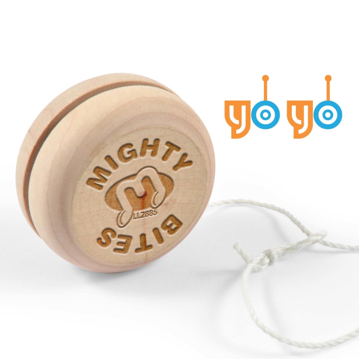 Wooden yo-yo with Mighty Bites text and logo, next to stylized yoyo text in blue and orange.