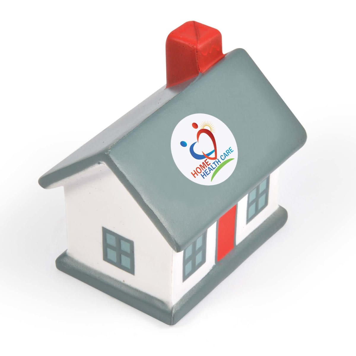 Small toy house with a gray roof, red chimney, and a Home Health Care logo on the side.