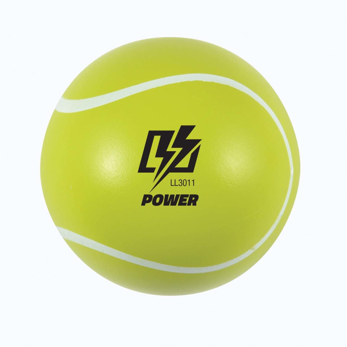Yellow tennis ball with white curved lines and black POWER logo and text.