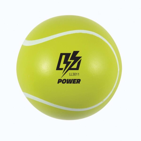 A yellow tennis ball with white curved lines and a Power logo on it.
