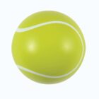 A yellow tennis ball with white curved lines on a light background.
