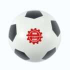 Black and white soccer ball with a red logo on the front.
