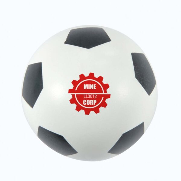 A black and white soccer ball with a red MINE CORP logo printed on it.