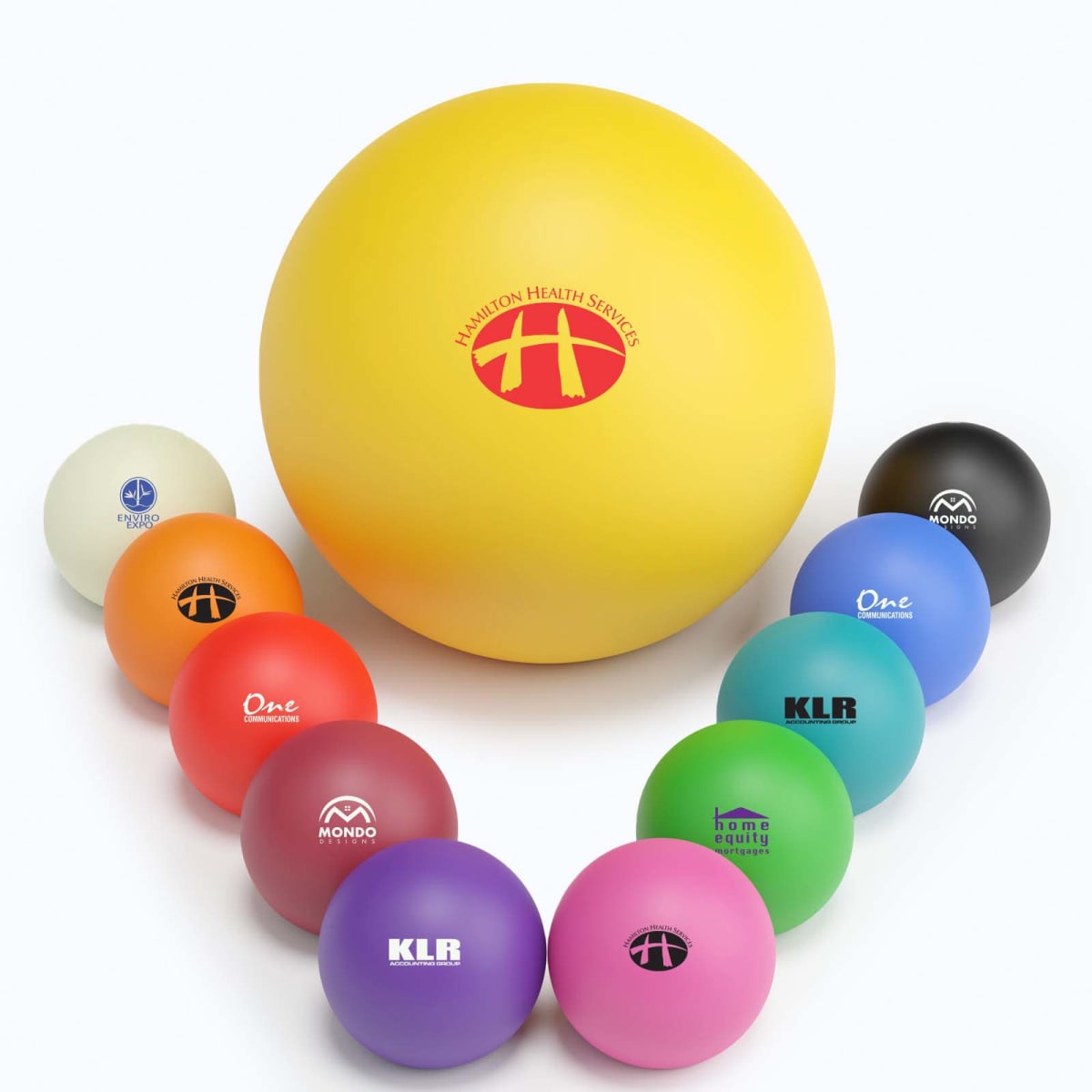 A large yellow exercise ball surrounded by smaller, colorful balls in a V formation.