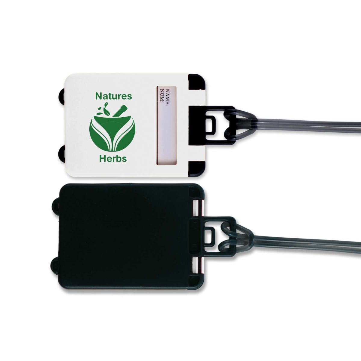 White badge holder with Natures Herbs logo and clear strap, shown front and back.