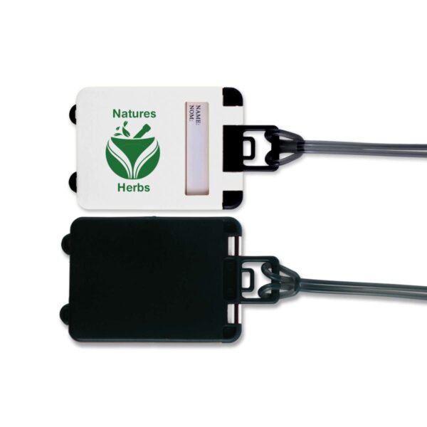 Two badge holders with retractable cords, one white with Natures Herbs logo, and one black, on a white background.