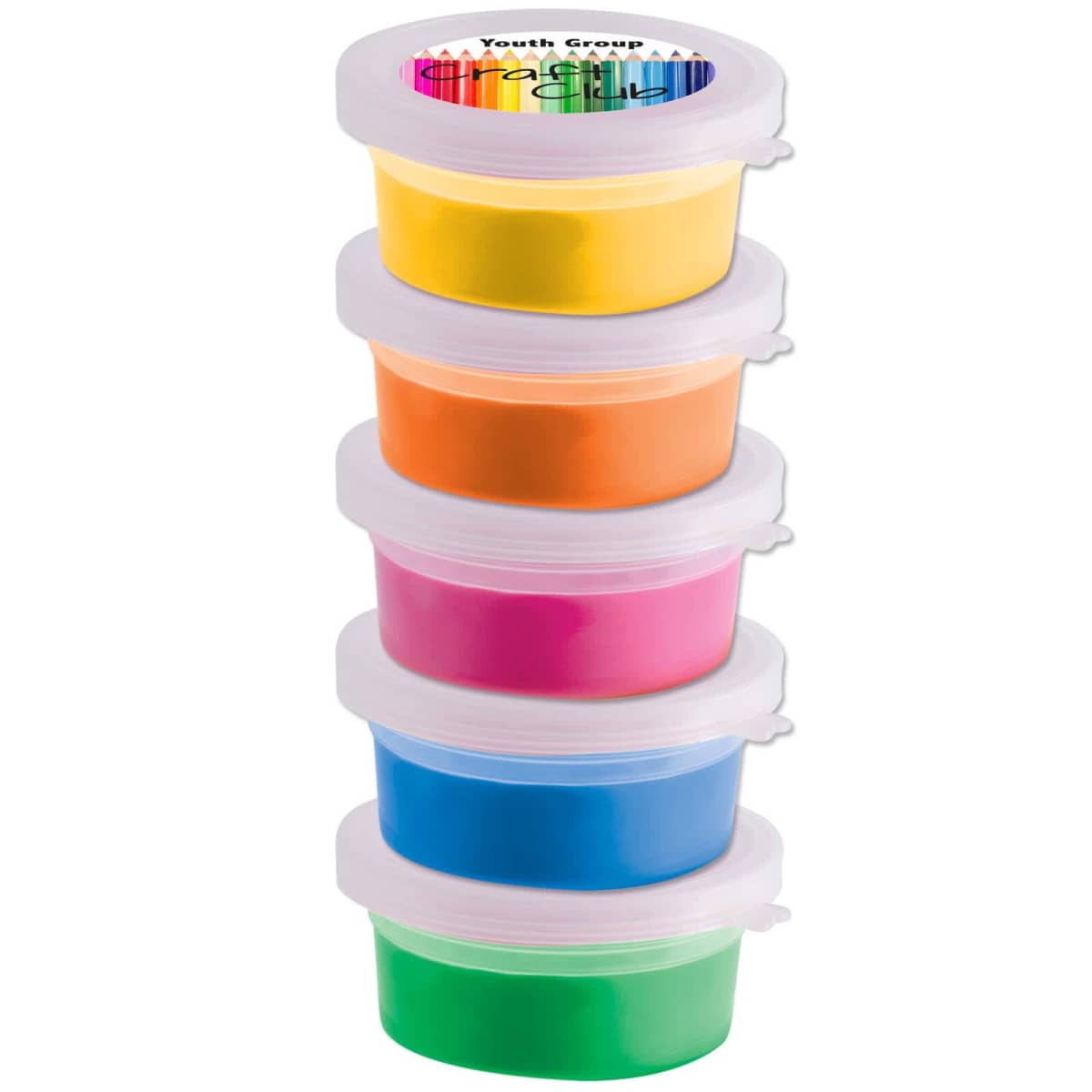 Stack of five colorful play dough containers with white lids.