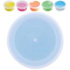 Five small, colorful containers of bright slime with lids, in colors yellow, pink, orange, green, and blue.