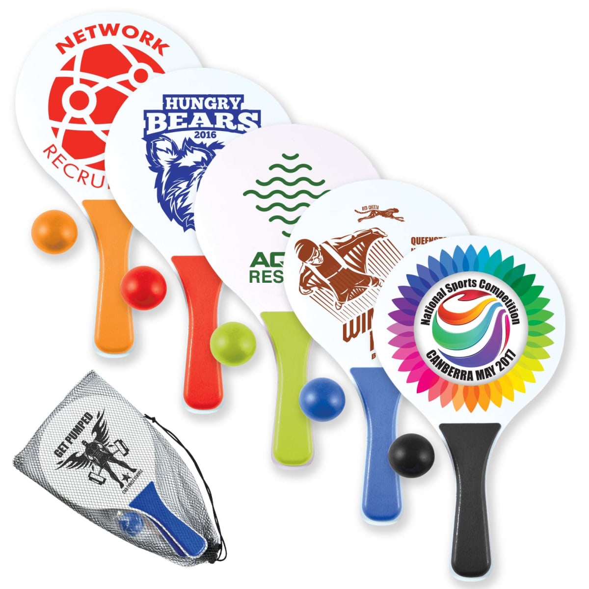 Five branded paddles with colorful handles and logos, three balls, and a mesh bag with a logo.