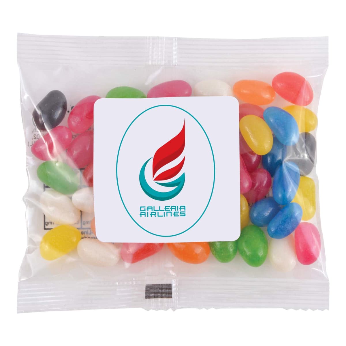 Bag of colorful jelly beans with a logo featuring a stylized red and blue flame.