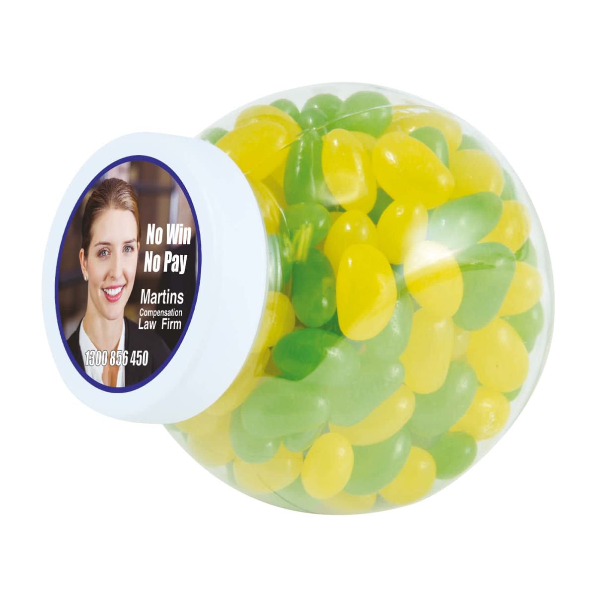 Plastic jar with yellow and green jelly beans, label showing a woman, and text about a law firm.