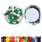Two jars filled with multicolored jelly beans, plus a row of assorted jelly beans in various colors below.