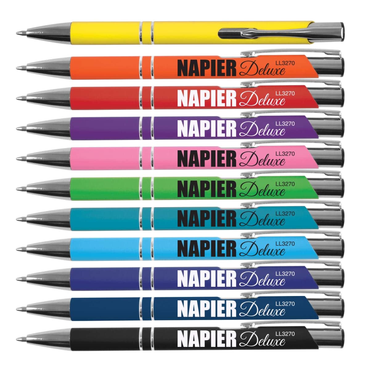 A set of 12 colorful pens with NAPIER Deluxe printed on them, each a different color including yellow and red.