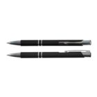 Two sleek black pens with silver accents and clips, shown from side and top views, isolated on a white background.
