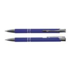 Two blue and silver ballpoint pens, one with the tip extended, on a white background.