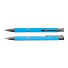 Two blue ballpoint pens with silver clips and tips, shown from side and diagonal angles.