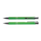 Two green ballpoint pens with silver accents and clips, shown from angled and side views.