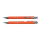 Two orange ballpoint pens with silver tips and clips, shown side by side on a white background.