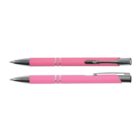 Two pink pens with silver accents, shown from the side and top views, on a white background.