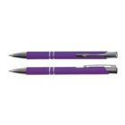 Two purple pens with silver accents, one capped and one uncapped, on a plain white background.