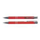 Two red ballpoint pens with silver details, shown from side and top views, on a white background.