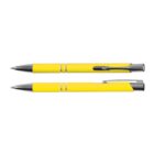 Two yellow pens with silver details, positioned horizontally, one with the tip retracted.