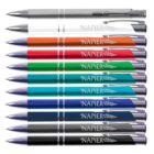 A set of ten colorful pens with NAPIER branding and a leaf design on each.