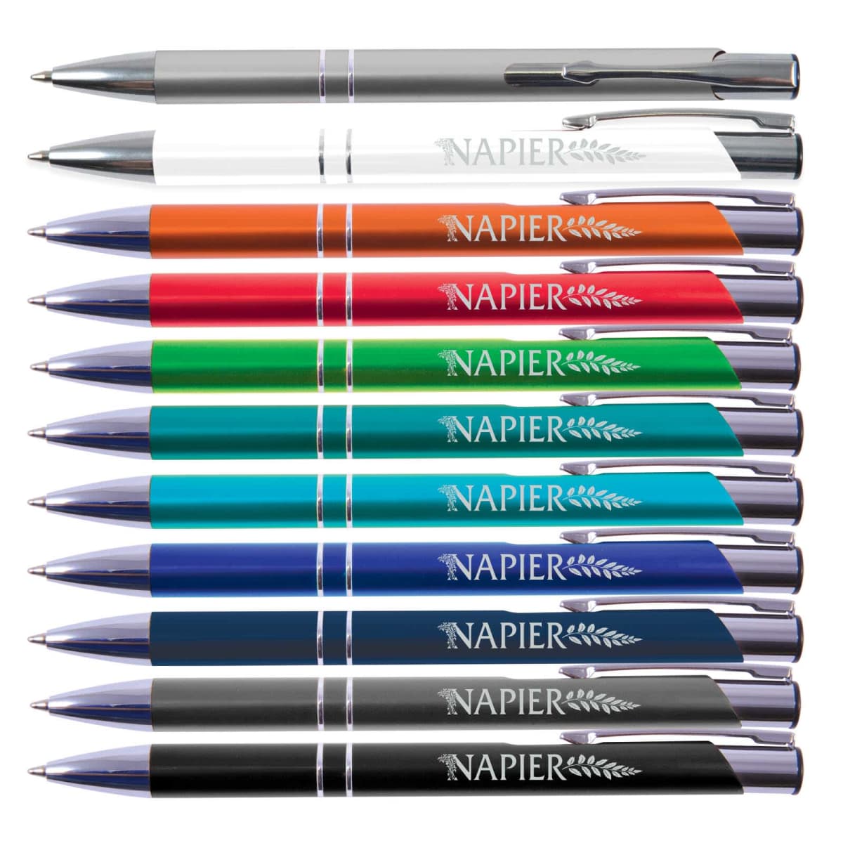 A set of ten colorful pens with NAPIER branding and a leaf design on each.