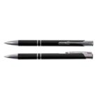 Two black ballpoint pens with silver accents, one capped and one uncapped, laid horizontally.