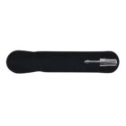 A slim black pen holder with a silver pen clipped on it, viewed from above.
