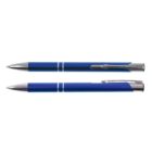 Two blue ballpoint pens with silver accents, shown in side and top views.