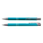 Two turquoise pens with silver accents, one closed and one with its tip extended, on a white background.